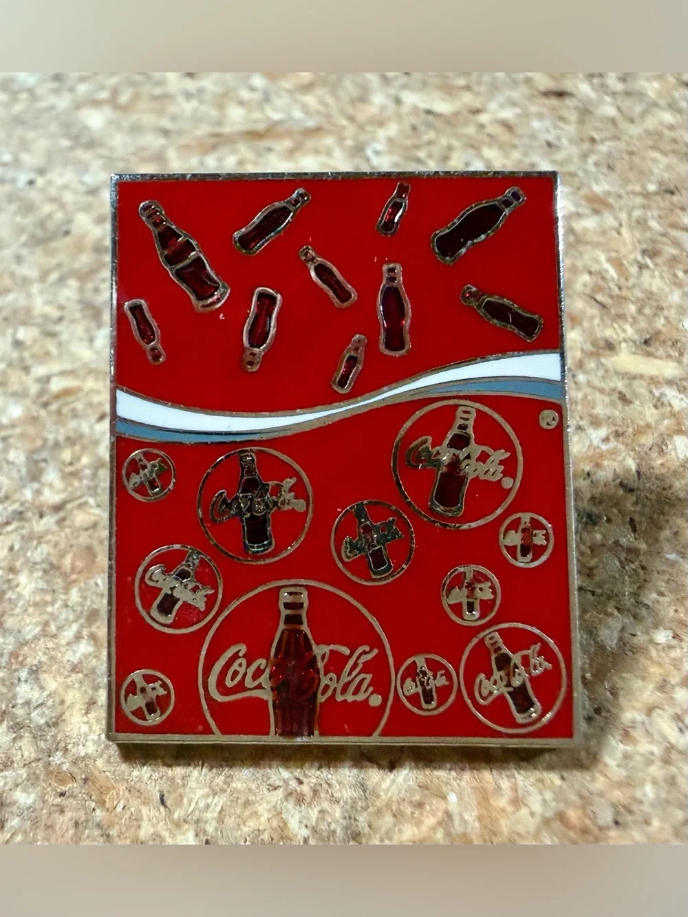 Vintage Coca-Cola Coke Red Silver Contour Bottles Enamel Lapel Pin